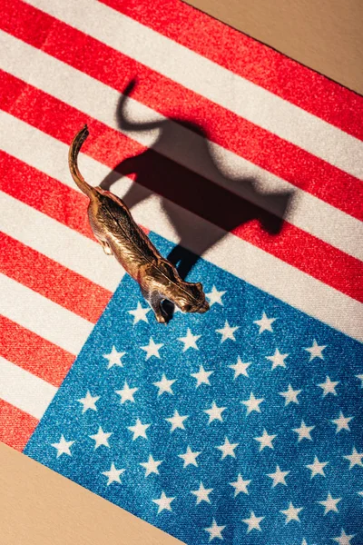 Vista superior do tigre de brinquedo dourado com sombra na bandeira americana, conceito de bem-estar animal — Fotografia de Stock