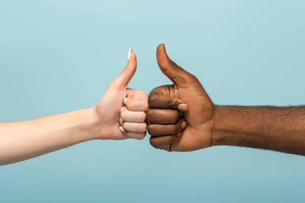 Recortado vista de interracial pareja mostrando pulgares arriba aislado en azul - foto de stock