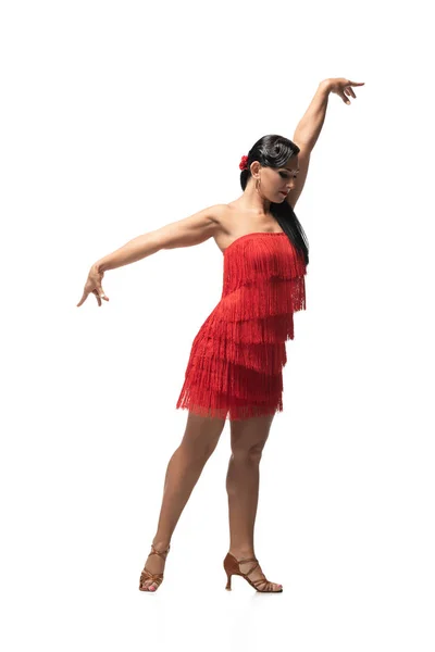 Atractiva bailarina en vestido elegante con flecos realizando tango sobre fondo blanco - foto de stock