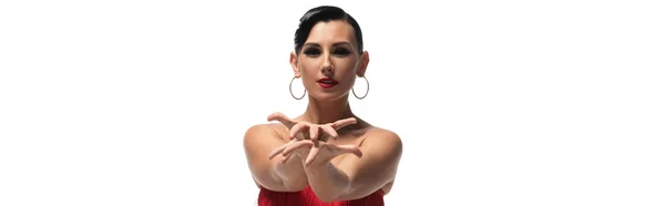 Panoramic shot of attractive dancer looking at camera while performing tango isolated on white — Stock Photo