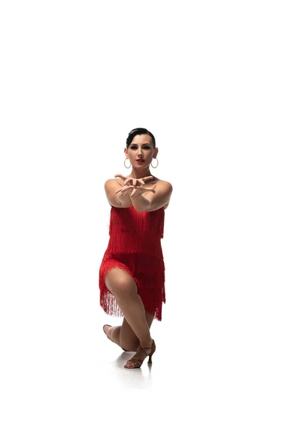 Sensual, elegante bailarina de tango de pie sobre la rodilla y mirando a la cámara sobre fondo blanco — Stock Photo