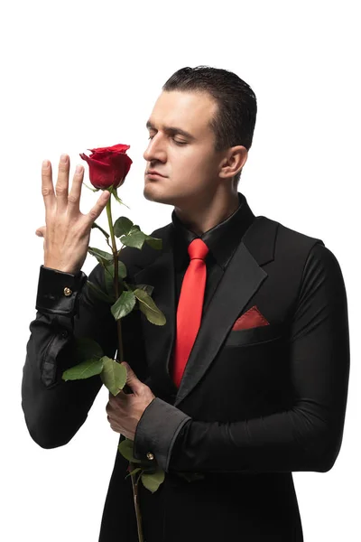 Schöne, elegante Tangotänzerin mit roter Rose auf weißem Hintergrund — Stockfoto