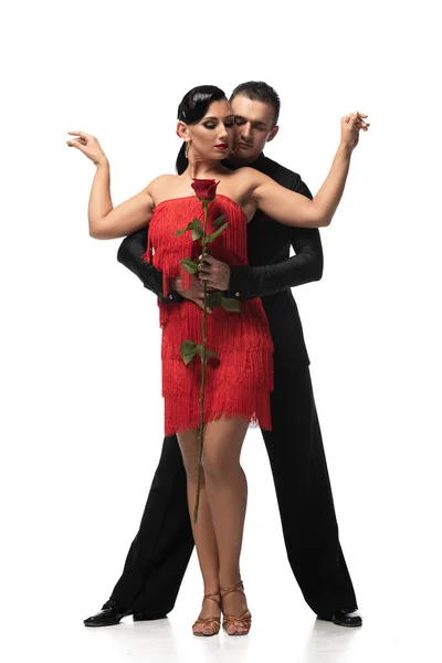 Guapo, elegante bailarín sosteniendo rosa roja y abrazando atractiva pareja mientras realiza tango sobre fondo blanco - foto de stock