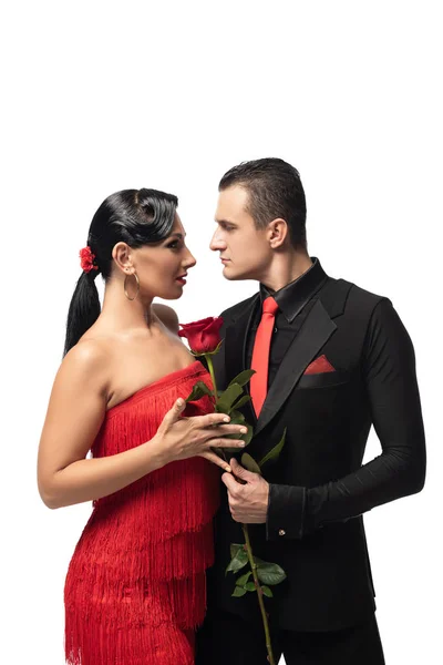 Sensual, elegant dancer gifting red rose to beautiful partner isolated on white — Stock Photo