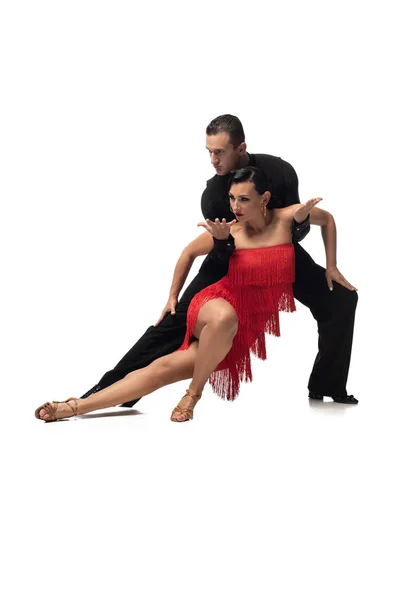 Apaixonado, elegante casal de dançarinos realizando tango no fundo branco — Fotografia de Stock