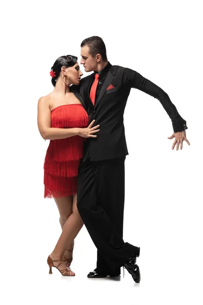 Bailarines apasionados y elegantes que realizan tango sobre fondo blanco - foto de stock