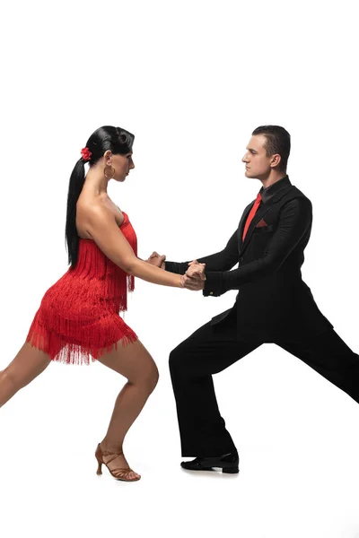 Bailarines apasionados y elegantes que se miran y se toman de la mano mientras realizan tango sobre fondo blanco - foto de stock