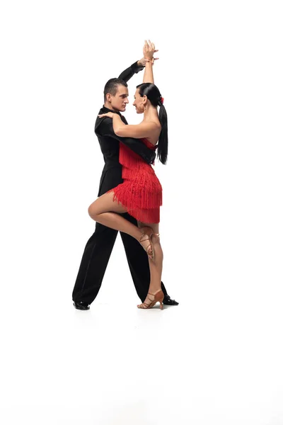 Sensual, dançarinos elegantes realizando tango no fundo branco — Fotografia de Stock