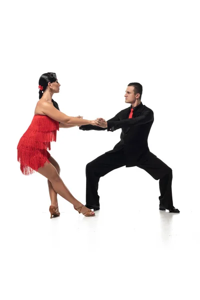 Dançarinos graciosos e elegantes olhando uns para os outros enquanto executam tango no fundo branco — Fotografia de Stock