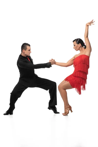 Gracieux, danseurs élégants exécutant le tango sur fond blanc — Photo de stock