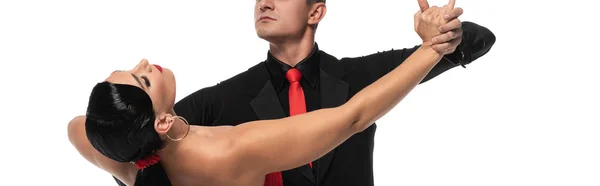 Vista recortada de dançarina elegante realizando tango com belo parceiro isolado em branco, tiro panorâmico — Fotografia de Stock