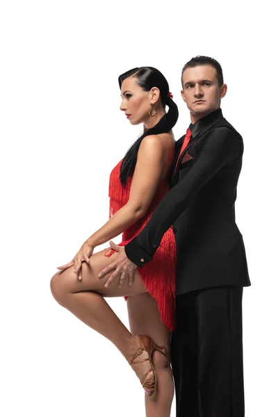 Ausdrucksstarke, stilvolle Tänzer, die Tango isoliert auf Weiß aufführen — Stockfoto