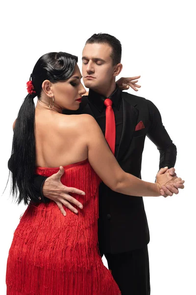 Elegante, casal apaixonado de dançarinos realizando tango isolado no branco — Fotografia de Stock