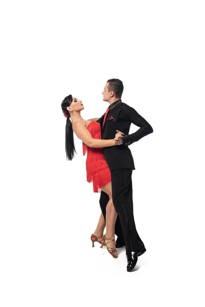 Pareja de elegantes bailarines mirándose mientras realizan tango sobre fondo blanco - foto de stock