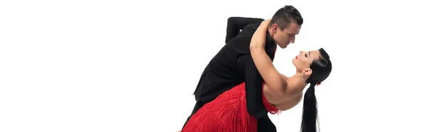 Panoramaaufnahme eines eleganten Paares, das isoliert auf Weiß Tango spielt — Stockfoto