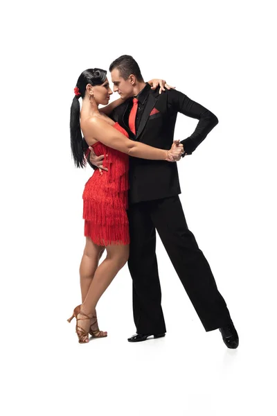 Expressive couple of dancers performing tango on white background — Stock Photo