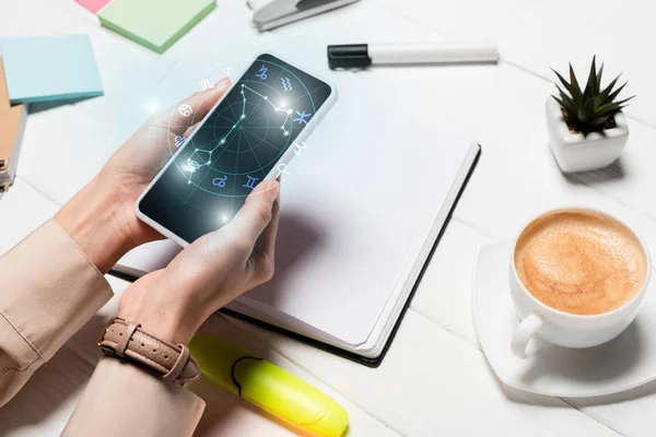Vista recortada de la mujer sosteniendo teléfono inteligente con signos del zodiaco constelación en el lugar de trabajo con suministros de oficina y café - foto de stock