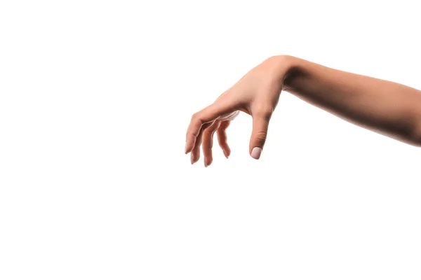 Abgeschnittene Ansicht einer Frau mit gespenstischer Hand isoliert auf Weiß — Stockfoto