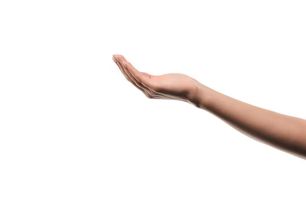 Обрізаний вид жінки з загорнутою рукою ізольовано на білому — стокове фото
