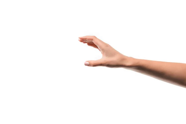 Cropped view of woman with outstretched hand isolated on white — Stock Photo