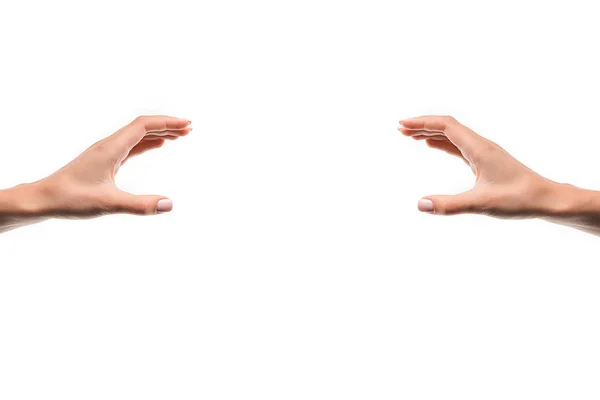 Recortado vista de la mujer gesto con las manos aisladas en blanco - foto de stock