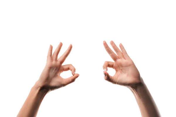 Cropped view of woman showing ok sign with hands isolated on white — Stock Photo