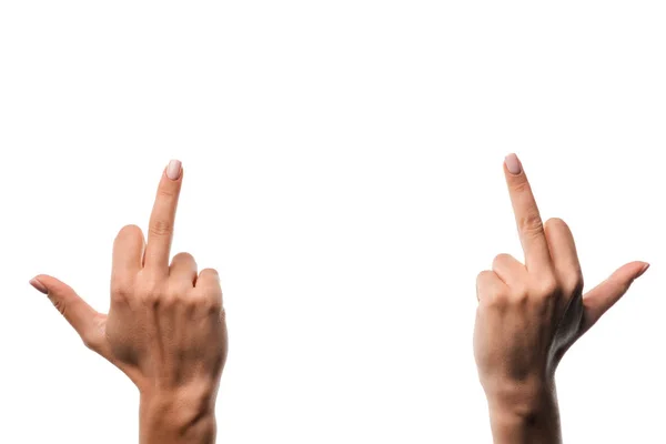 Cropped view of woman showing middle fingers isolated on white — Stock Photo