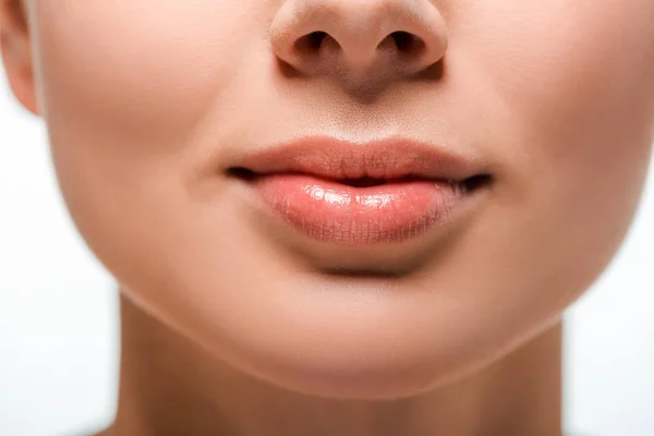 Cropped view of woman with lip gloss on lips — Stock Photo