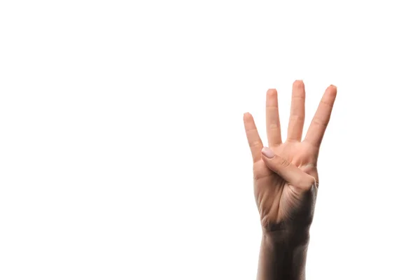 Ausgeschnittene Ansicht einer Frau, die vier Finger isoliert auf Weiß zeigt — Stockfoto