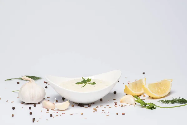 Sauce tzatziki maison avec des ingrédients frais et des épices sur fond blanc — Photo de stock