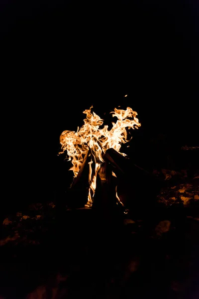 Troncos queimando no acampamento fogo na escuridão — Fotografia de Stock