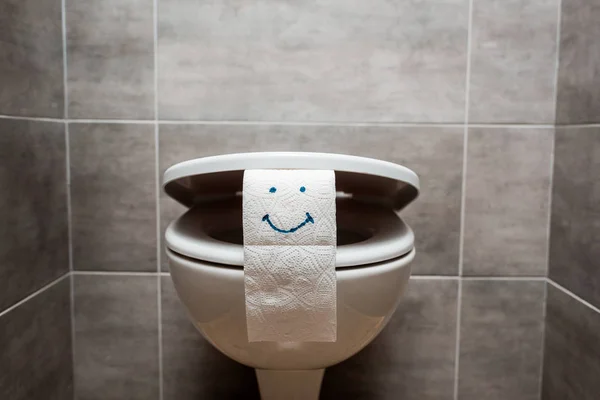 Ceramic clean toilet bowl and toilet paper with smiley face in modern restroom — Stock Photo