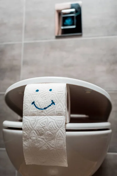 Vista de perto de cerâmica limpa vaso sanitário e papel higiênico com rosto sorridente no banheiro moderno — Fotografia de Stock