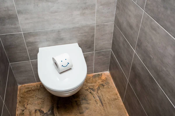 Vaso sanitário cerâmico limpo e papel higiênico com rosto sorridente no banheiro moderno — Fotografia de Stock