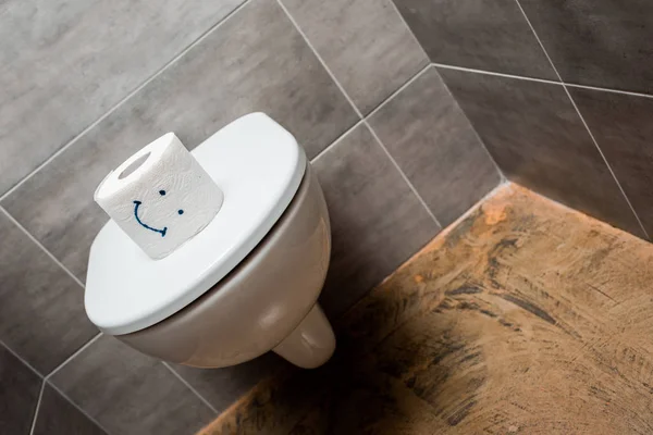 Ceramic clean toilet bowl and toilet paper with smiley face in modern restroom — Stock Photo