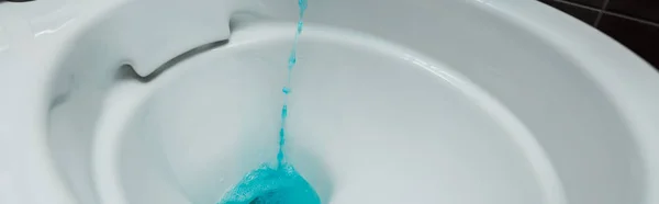 Close up view of blue liquid detergent pouring into ceramic clean toilet bowl, panoramic shot — Stock Photo