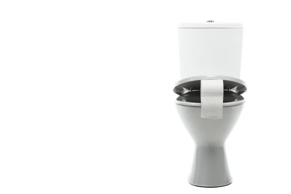 Cuvette de toilette en céramique propre avec papier toilette isolé sur blanc — Photo de stock