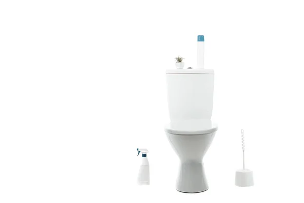 Cuvette de toilette en céramique propre avec désodorisant et plante près de la brosse de toilette, détergent isolé sur blanc — Photo de stock