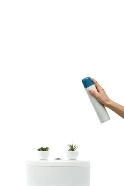 Vista cortada de mulher pulverizando ambientador perto de vaso sanitário cerâmico limpo com plantas isoladas em branco — Fotografia de Stock