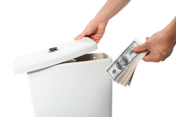 Cropped view of woman hiding dollars in ceramic clean toilet bowl isolated on white — Stock Photo