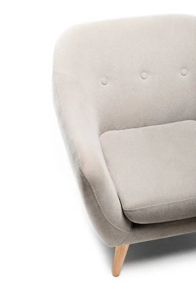 Vista ravvicinata di confortevole poltrona moderna grigia su sfondo bianco — Foto stock