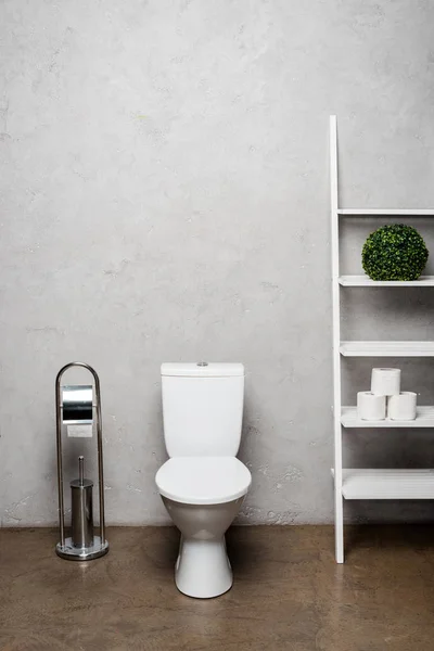 Interior do banheiro moderno com vaso sanitário perto de rack com papel higiênico perto de escova de vaso sanitário — Fotografia de Stock