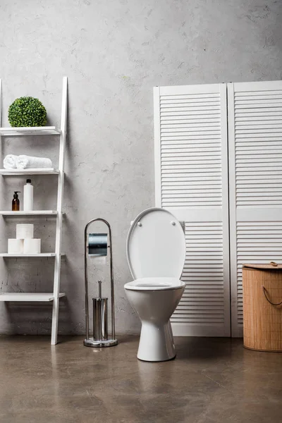 Interior of modern bathroom with toilet bowl near rack with cosmetics, towels, toilet paper, laundry basket and toilet brush — Stock Photo