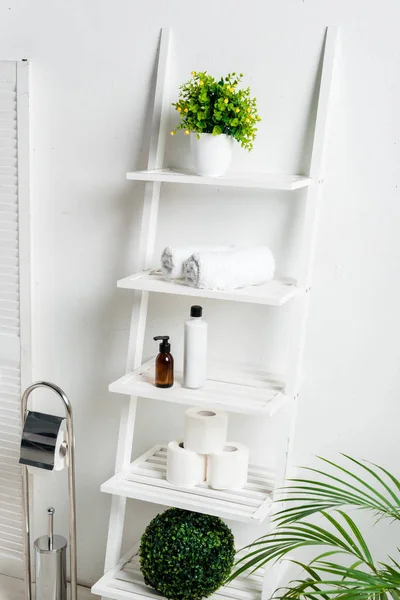 Interior do banheiro moderno branco com escova de vaso sanitário, rack com toalhas. papel higiénico, cosméticos e plantas — Fotografia de Stock