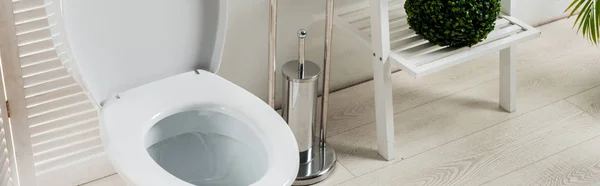 Interieur des weißen modernen Badezimmers mit Toilettenschüssel in der Nähe von Klappbildschirm, Toilettenbürste, Regal und Pflanzen, Panoramaaufnahme — Stockfoto