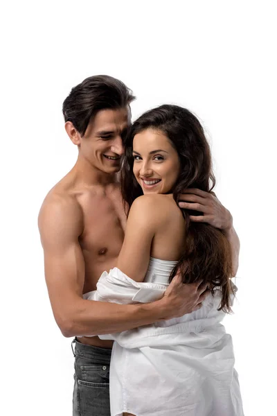 Cheerful beautiful sexy couple hugging, isolated on white — Stock Photo