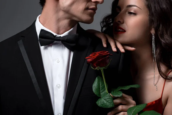 Romántica pareja abrazando y sosteniendo rosa roja flor aislada en gris — Stock Photo