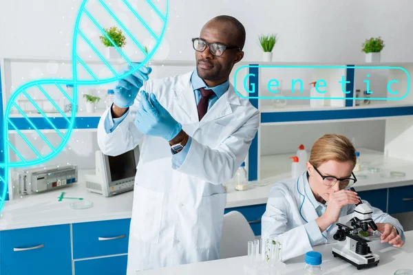 Biologiste afro-américain tenant une éprouvette et se tenant près de l'illustration de l'ADN, collègue utilisant un microscope — Photo de stock