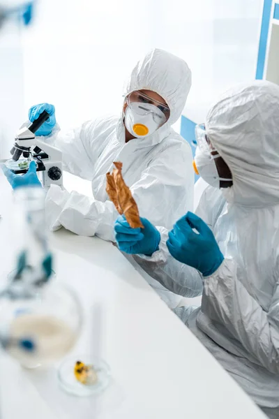 Enfoque selectivo de los biólogos multiculturales que miran la hoja en el laboratorio - foto de stock