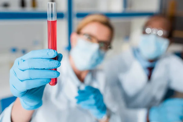 Selective focus of multicultural biologists looking at test tube in lab — Stock Photo